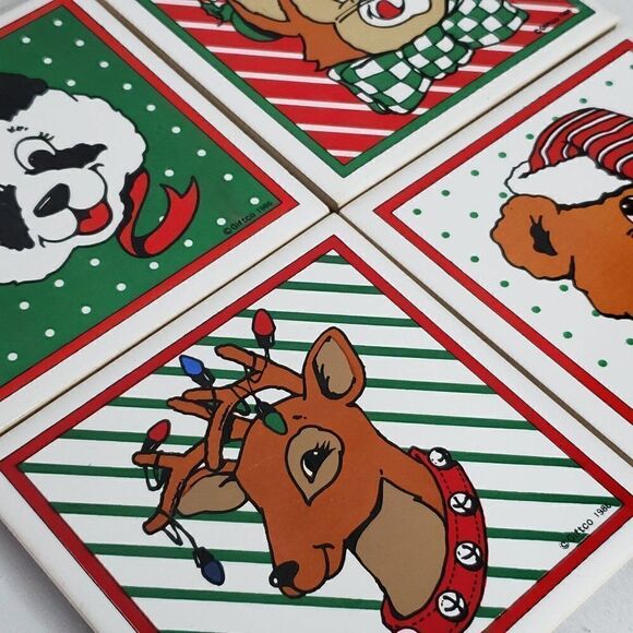 4 Christmas Ceramic Drink Coasters Cat Reindeer Panda Brown Bear Red Green - Picture 2 of 4
